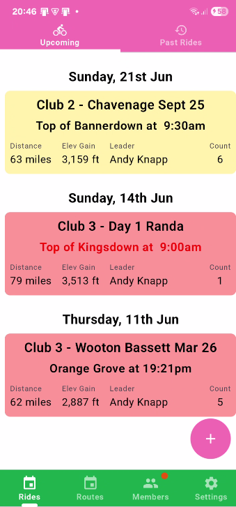 PeloVelo app showing a list of upcoming club rides with distance, elevation and rider count